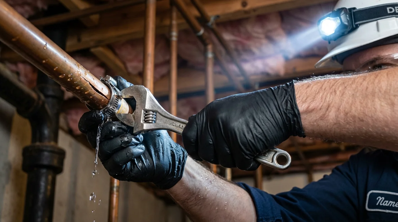 Emergency pipe clamp repair being performed by a Johns Plumbing LLC plumber in Amelia
