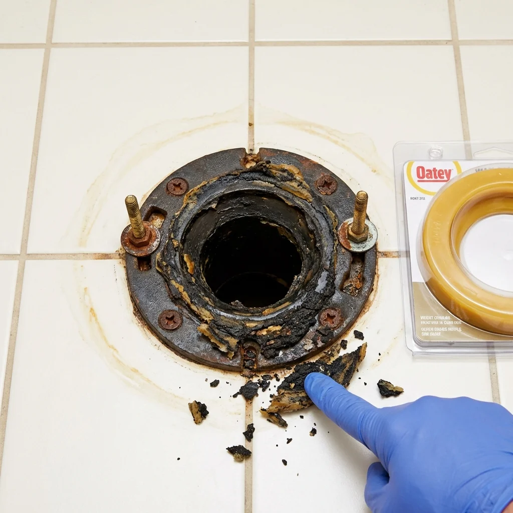 Failed wax ring showing water seepage at the base of a toilet in a Amelia, LA home